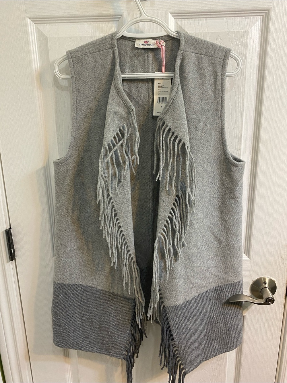 NWT Vineyard Vines Wool Fringed Sweater Vest Women's Size Small Gray Open Front